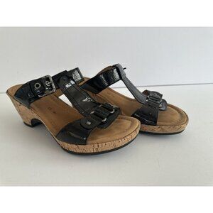 Gabor Womens‎ Black Patent Leather Slip On Sandals UK 6 US 8.5 Cork Wedge Comfy